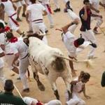 A runner was knocked down by a steer during the second running of the bulls at the San Fermin Festival, in Pamplona, Spain, on Wednesday.