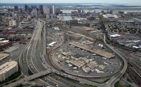 An aerial view of the Frontage Road area looking toward downtown Boston.

