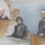 A courtroom sketch showed Boston Marathon bomber Dzhokhar Tsarnaev seated as transit police Sergeant Richard 