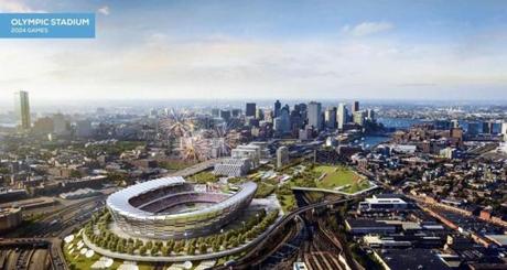 An image released as part of a revised Olympics bid shows the envisioned site for a stadium at Widett Circle.
