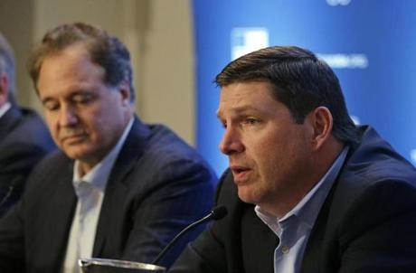 Roger Crandall, vice chair of Boston 2024, spoke June 30 during a news conference in Redwood City, Calif., as Steve Pagliuca, chairman of the group, listened.
