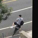 This unidentified man is seen riding away on chef Jody Adams's bike, which was locked outside the Healthworks Fitness Center in Porter Square. Adams posted the picture on Facebook.