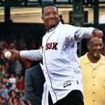 Pedro Martinez threw out the first pitch Tuesday with fellow Red Sox Hall of Famers Jim Rice, Carlton Fisk, and Carl Yastrzemski ? and his newly retired No. 45 ? behind him.