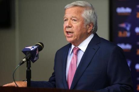 Foxborough, MA - 07/29/15 - New England Patriots owner Robert Kraft made a statement before New England Patriots head coach Bill Belichick took the stage this morning. - (Barry Chin/Globe Staff), Section: Sports, Reporter: Shalise Manza Young, Topic: 30Patriots, LOID: 8.1.2440736326. 
