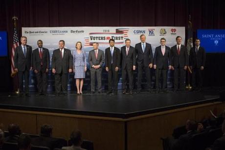 From left: Jeb Bush, Ben Carson, Chris Christie, Carly Fiorina, Lindsey Graham, Bobby Jindal, John Kasich, George Pataki, Rick Perry, Rick Santorum, and Scott Walker lined up before a candidates forum at Saint Anselm College. Three other candidates participated remotely from Washington.

