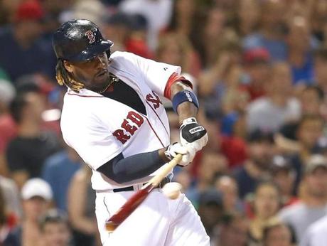 BOSTON, MA - JULY 27: Hanley Ramirez #13 of the Boston Red Sox makes contact, allowing a run run to score on an error by the Chicago White Sox, in the fourth inning at Fenway Park on July 27, 2015 in Boston, Massachusetts. (Photo by Jim Rogash/Getty Images)
