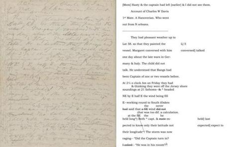 The first page of Henry David Thoreau?s 1850 notes on the shipwreck in which Margaret Fuller drowned, along with a transcript of the same page.
