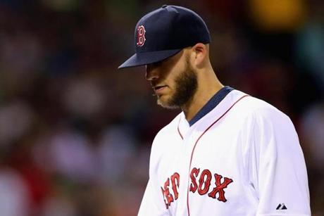 BOSTON, MA - MAY 06: Justin Masterson #63 of the Boston Red Sox is relieved during the fifth inning against the Tampa Bay Rays at Fenway Park on May 6, 2015 in Boston, Massachusetts. (Photo by Maddie Meyer/Getty Images)
