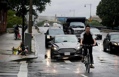 The Massachusetts Avenue and Beacon Street intersection might benefit from eliminating a lane, cycling advocates say.
