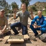  From left: project manager Jim Erickson. Matt Damon, and astronaut Drew Feustel at the Mars Yard. 