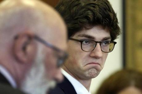 Owen Labrie left court for a lunch break after several of his classmates testified on Monday in Concord, N.H. 
