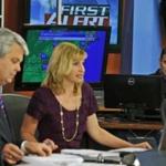 WDBJ-TV7 meteorologist Leo Hirsbrunner (right) wiped his eyes during the early morning newscast as anchor Kimberly McBroom and guest anchor Steve Grant delivered the news on Thursday.