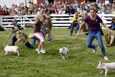 Children try to chase down running piglets during the Pig Scramble at the Deerfield Fair in Deerfield, N.H., Thursday, Sept. 28, 2006. Eight children have three minutes to catch one of eight pigs released in a ring and get it into a burlap bag. (AP Photo/Jim Cole) 0830BestFairs
