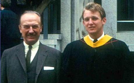 Donald Trump with his father, Fred Trump, after graduating from Wharton in 1968. 
