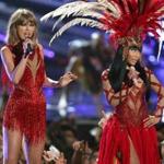 Taylor Swift and Nicki Minaj onstage together at the MTV Video Music Awards in Los Angeles. 