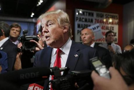 Republican presidential candidate Donald Trump answered questions from reporters last Saturday at the National Federation of Republican Assemblies in Nashville, Tenn. 

