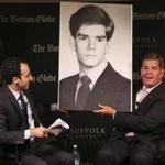 Mayor Marty Walsh reacted to a enlarged photograph of himself from his youth during an interview at Suffolk University.