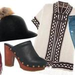 Tassel bag, faux fur bauble hat, fashion clog, border cape, and ripped denim jeans from Primark.
