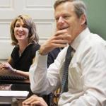 Governor Charlie Baker and Lieutenant Governor Karyn Polito have a light moment during a State House staff meeting earlier this year.