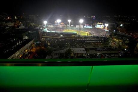 The view of Fenway Park from the 20th-floor sky deck at the Viridian.
