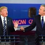 Republican presidential hopefuls Donald Trump and Jeb Bush spoke during the presidential debate at the Ronald Reagan Presidential Library in Simi Valley, California on Sept. 16.