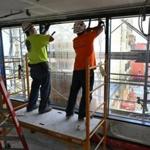 Workers installed energy efficient windows inside Boston Medical Center?s new maternity ward. 