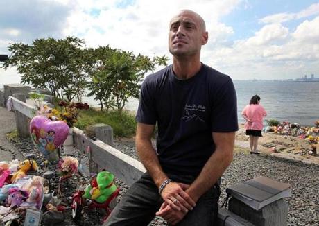 Joseph Amoroso, the biological father of Bella Bond, visited a memorial to his daughter on Deer Island on Saturday.
