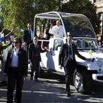 Security was seen in front of the popemobile at the Basilica of the National Shrine of the Immaculate Conception in Washington.