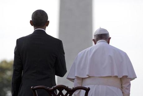President Barack Obama and Pope Francis stood for the Pontifical Anthem on the White House South Lawn.
