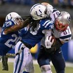 Rob Gronkowski and Sergio Brown (38) clashed in last season?s game in Indianapolis.