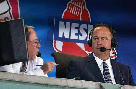08/31/15: Boston, MA: Red Sox television announcers Jerry Remy (left) and Don Orsillo (right) are pictured in the booth during the game. The Boston Red Sox hosted the New York Yankees in a regular season MLB baseball game at Fenway Park. (Globe Staff Photo/Jim Davis) section:sports topic:Red Sox-Yankees (1)
