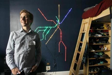  9/25/15--CAMBRIDGE - MIT Student Ian Reynolds built an MBTA map on his wall in his room using LED lights that tells him where trains are on the map in real-time. (globe staff photo :Joanne Rathe reporter: steve annear topic: 26mbta section: metro ) 
