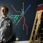  9/25/15--CAMBRIDGE - MIT Student Ian Reynolds built an MBTA map on his wall in his room using LED lights that tells him where trains are on the map in real-time. (globe staff photo :Joanne Rathe reporter: steve annear topic: 26mbta section: metro ) 
