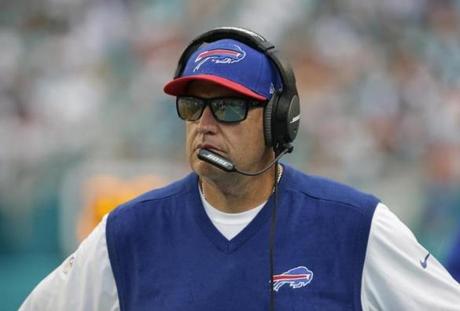 Buffalo Bills head coach Rex Ryan watches the game from the sidelines during the second half of an NFL football game against the Miami Dolphins, Sunday, Sept. 27, 2015 in Miami Gardens, Fla. (AP Photo/Lynne Sladky)
