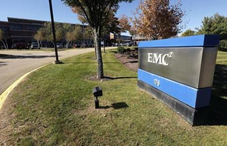 A sign with an EMC logo stood on the company's corporate campus.
