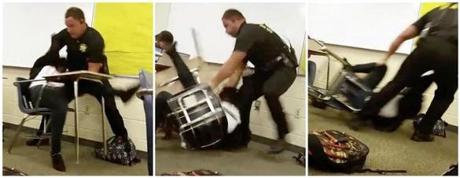 This three image combo made from video taken by a Spring Valley High School student shows Senior Deputy Ben Fields trying to forcibly remove a student from her chair after she refused to leave her high school math class in Columbia, S.C.
