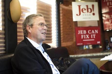 Republican Presidential candidate and former Florida Governor Jeb Bush spoke during an interview on his campaign bus in Portsmouth, N.H. 
