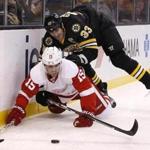 Defenseman Zdeno Chara took down in Riley Sheahan in the second period.
