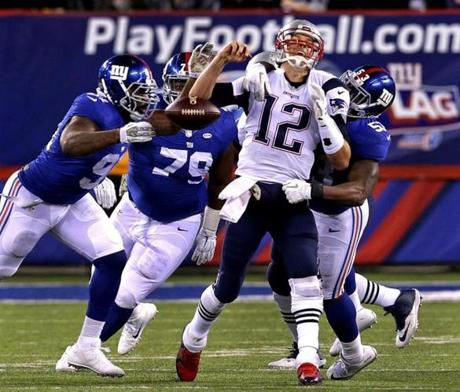 Patriots quarterback Tom Brady fumbled once and threw one interception against the Giants.
