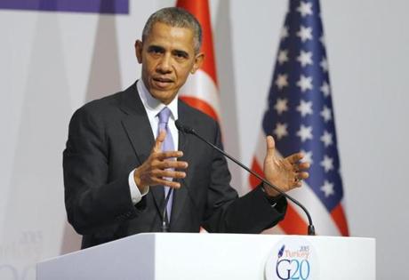 President Obama addressed a news conference following a working session at the Group of 20 (G20) leaders summit in the Mediterranean resort city of Antalya, Turkey, on Monday. 
