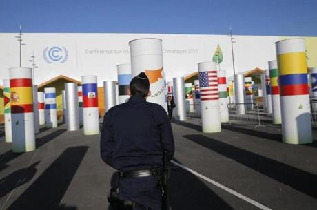 A police officer was on patrol Monday at one of the entrances to the UN Climate Conference in Le Bourget, outside Paris. The climate talks are scheduled to begin next week.
