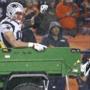 Denver CO 11/29/15 New England Patriots Patriot tight end Rob Gronkowski pumps his fist after getting injured on a pass play against the Denver Broncos during fourth quarter action at Sports Authority Field at Mile High on Sunday November 29, 2015. (Matthew J. Lee/Globe staff) Topic: Reporter: 