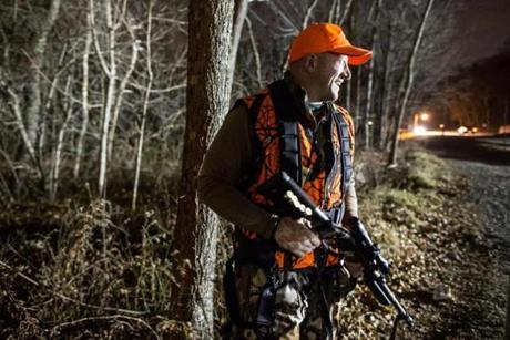 Hunter Jeff Keddy of Hanover entered the woods along Hillside Street for the start of the Blue Hills deer hunt. 
