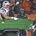 Denver CO 11/29/15 New England Patriots Patriot tight end Rob Gronkowski pumps his fist after getting injured on a pass play against the Denver Broncos during fourth quarter action at Sports Authority Field at Mile High on Sunday November 29, 2015. (Matthew J. Lee/Globe staff) Topic: Reporter: 