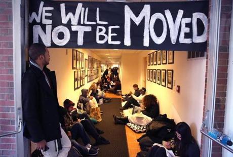 Students were in a hallway not far from the president?s office at the Brandeis campus on Nov. 23.  
