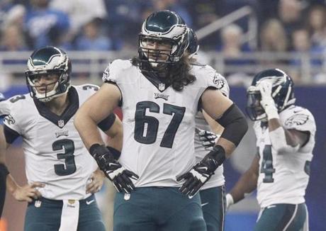 Philadelphia Eagles offensive tackle Dennis Kelly (67) during the second half of an NFL football game against the Detroit Lions Thursday, Nov. 26, 2015, in Detroit. The Lions defeated the Eagles 45-14. (AP Photo/Duane Burleson) 

