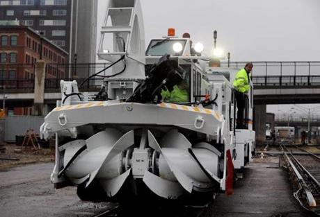 Boston, MA 12/02/2015 Ð An auger attached to a locomotive was displayed at the South Boston Emergency Center in Boston, MA on December 2, 2015. This piece will be used on the red line. (Globe staff photo / Craig F. Walker) section: Metro reporter: none 
