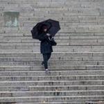 A pedestrian made her way down the City Hall Plaza steps on a dreary November day.
