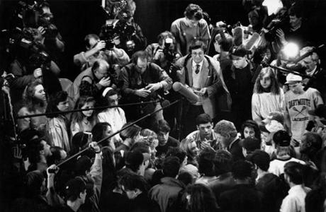 Journalists and high school students surrounded Bill Clinton during a campaign stop at Concord High School in New Hampshire in 1992. 

