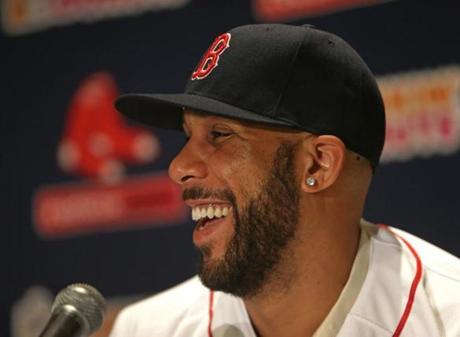 A happy David Price during his introductory press conference Friday at Fenway Park.
